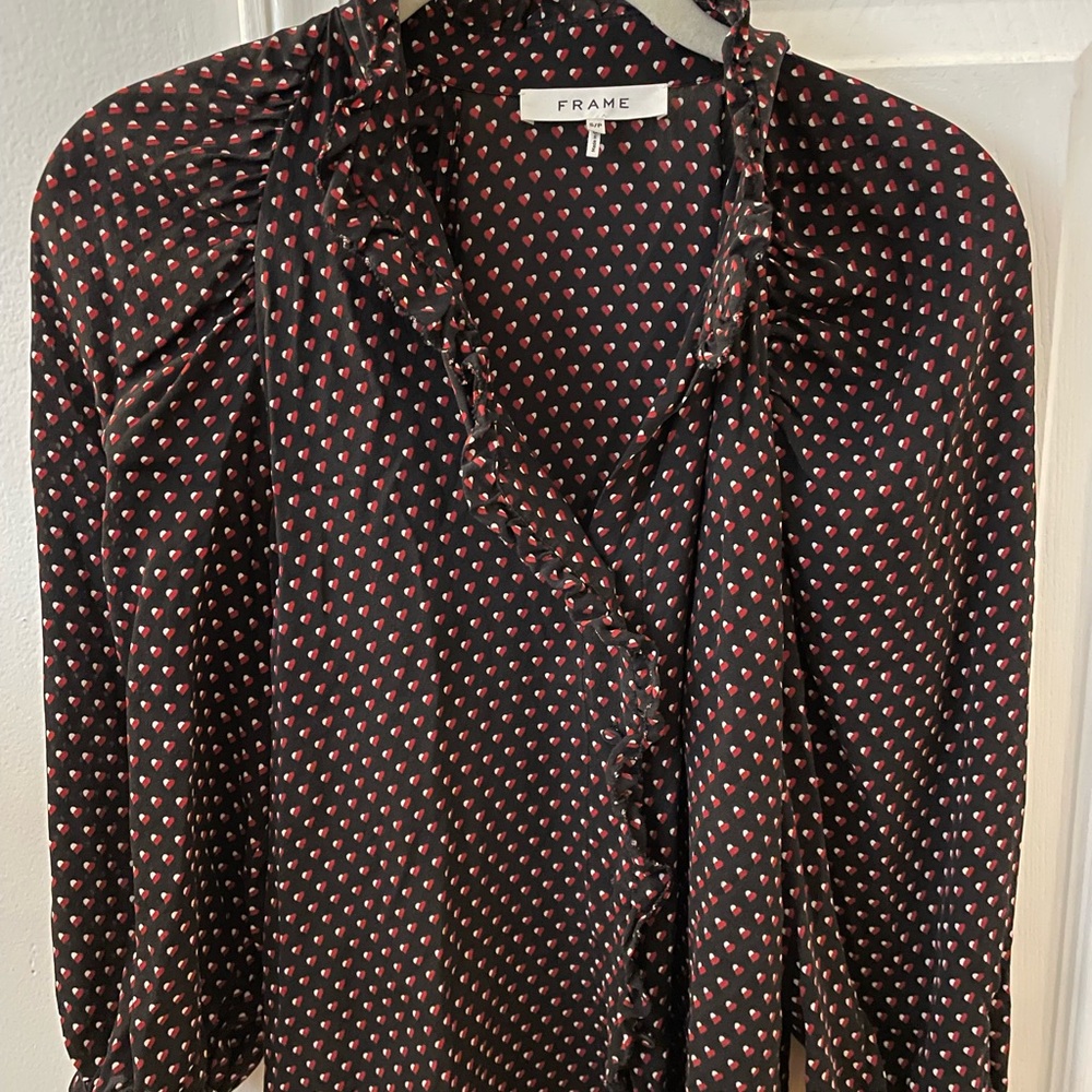 Frame Denim Black Blouse with Red Heart Pattern